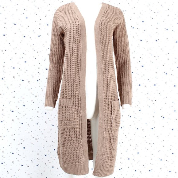 Waffle Knit Duster Long Sweater Cardigan Tan/Khaki - Picture 2 of 7